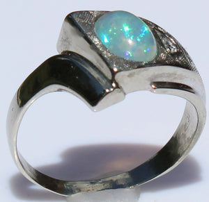 Vintage ORANGE/GOLDEN & GREEN/BLUE Natural Solid Opal & Diamond 10k Solid White Gold Men's Ring