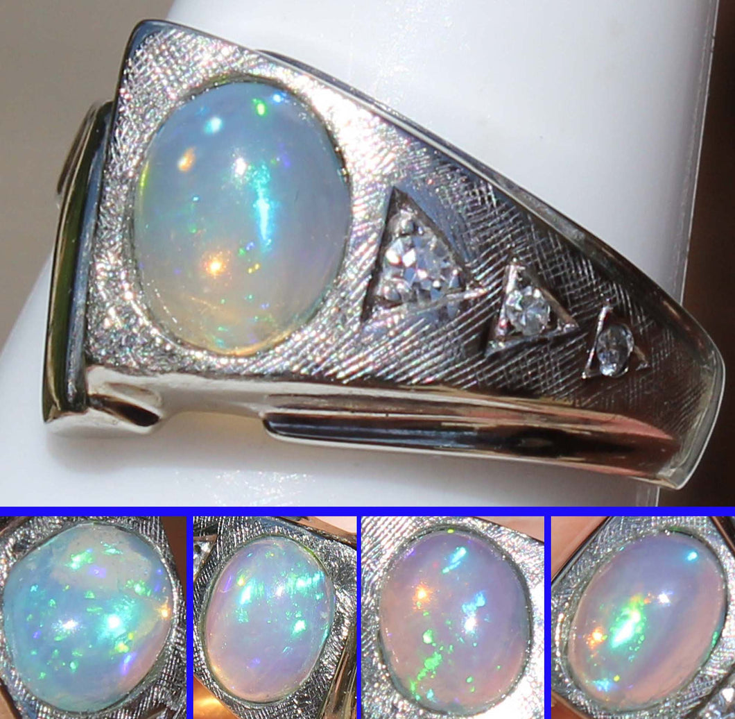 Vintage ORANGE/GOLDEN & GREEN/BLUE Natural Solid Opal & Diamond 10k Solid White Gold Men's Ring