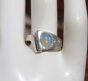 Vintage ORANGE/GOLDEN & GREEN/BLUE Natural Solid Opal & Diamond 10k Solid White Gold Men's Ring