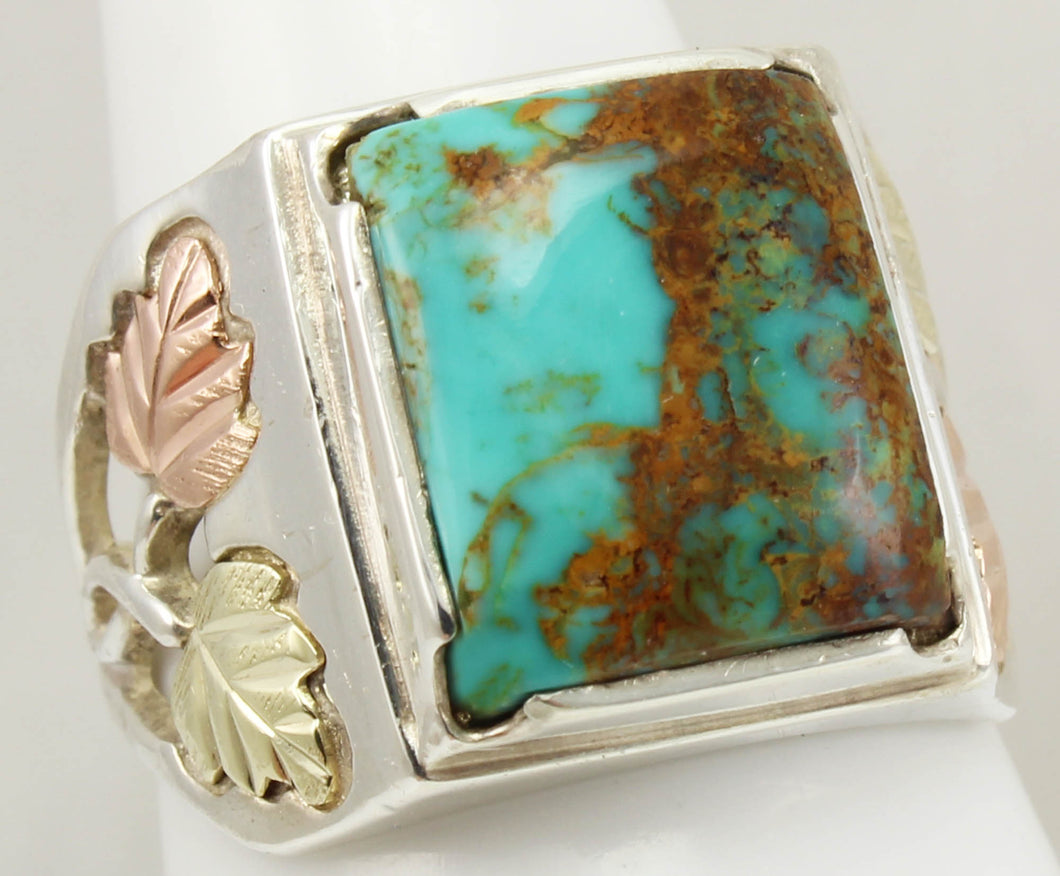 Estate RARE ORANGE MATRIX Natural Kingman Turquoise 12k Solid Rose & Green Gold & Silver Men's Ring