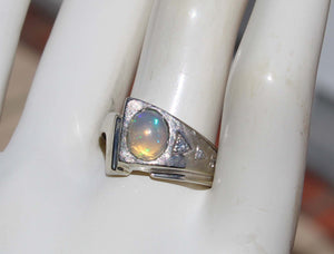 Vintage ORANGE/GOLDEN & GREEN/BLUE Natural Solid Opal & Diamond 10k Solid White Gold Men's Ring