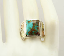 Load image into Gallery viewer, Estate RARE ORANGE MATRIX Natural Kingman Turquoise 12k Solid Rose &amp; Green Gold &amp; Silver Men&#39;s Ring