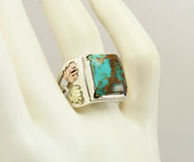 Load image into Gallery viewer, Estate RARE ORANGE MATRIX Natural Kingman Turquoise 12k Solid Rose &amp; Green Gold &amp; Silver Men&#39;s Ring