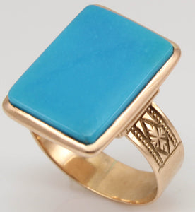 Antique Victorian RARE Natural Persian Turquoise Engraved 14k Solid Rose Gold Ladies Cocktail Ring