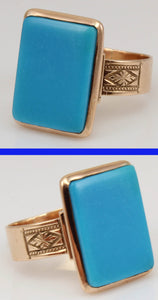 Antique Victorian RARE Natural Persian Turquoise Engraved 14k Solid Rose Gold Ladies Cocktail Ring