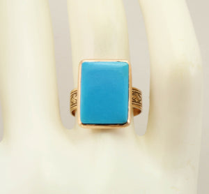 Antique Victorian RARE Natural Persian Turquoise Engraved 14k Solid Rose Gold Ladies Cocktail Ring