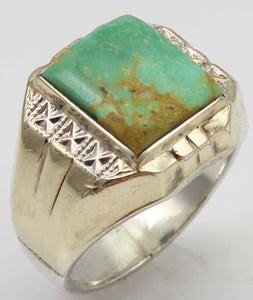 Antique 1920's Art Deco Natural RARE Nevada Fox Mine Turquoise Solid Silver & 10k Gold Men's Ring