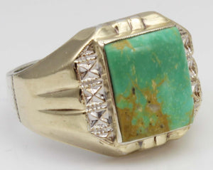 Antique 1920's Art Deco Natural RARE Nevada Fox Mine Turquoise Solid Silver & 10k Gold Men's Ring