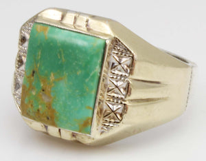 Antique 1920's Art Deco Natural RARE Nevada Fox Mine Turquoise Solid Silver & 10k Gold Men's Ring