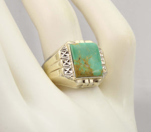 Antique 1920's Art Deco Natural RARE Nevada Fox Mine Turquoise Solid Silver & 10k Gold Men's Ring