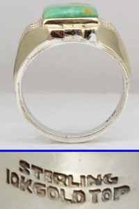 Antique 1920's Art Deco Natural RARE Nevada Fox Mine Turquoise Solid Silver & 10k Gold Men's Ring