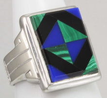 Load image into Gallery viewer, Antique 1920&#39;s Art Deco Natural Lapis Malachite &amp; Onyx Intarsia Inlay 10k Solid White Gold Mens Ring