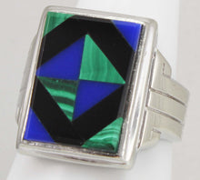 Load image into Gallery viewer, Antique 1920&#39;s Art Deco Natural Lapis Malachite &amp; Onyx Intarsia Inlay 10k Solid White Gold Mens Ring