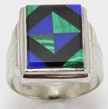 Load image into Gallery viewer, Antique 1920&#39;s Art Deco Natural Lapis Malachite &amp; Onyx Intarsia Inlay 10k Solid White Gold Mens Ring