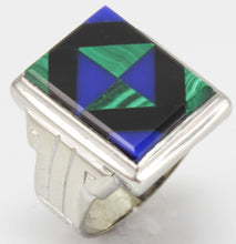 Load image into Gallery viewer, Antique 1920&#39;s Art Deco Natural Lapis Malachite &amp; Onyx Intarsia Inlay 10k Solid White Gold Mens Ring