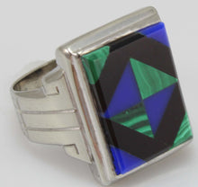 Load image into Gallery viewer, Antique 1920&#39;s Art Deco Natural Lapis Malachite &amp; Onyx Intarsia Inlay 10k Solid White Gold Mens Ring