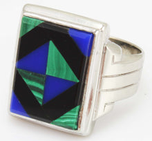 Load image into Gallery viewer, Antique 1920&#39;s Art Deco Natural Lapis Malachite &amp; Onyx Intarsia Inlay 10k Solid White Gold Mens Ring