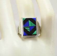 Load image into Gallery viewer, Antique 1920&#39;s Art Deco Natural Lapis Malachite &amp; Onyx Intarsia Inlay 10k Solid White Gold Mens Ring