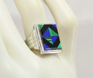 Antique 1920's Art Deco Natural Lapis Malachite & Onyx Intarsia Inlay 10k Solid White Gold Mens Ring