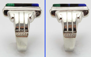 Antique 1920's Art Deco Natural Lapis Malachite & Onyx Intarsia Inlay 10k Solid White Gold Mens Ring