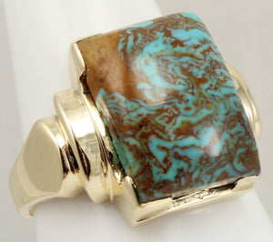 Antique 1920's Art Deco Natural RARE SWIRLING MATRIX Kingman Mine Turquoise 10k Solid Gold Mens Ring