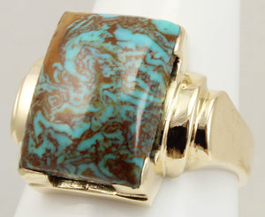 Antique 1920's Art Deco Natural RARE SWIRLING MATRIX Kingman Mine Turquoise 10k Solid Gold Mens Ring