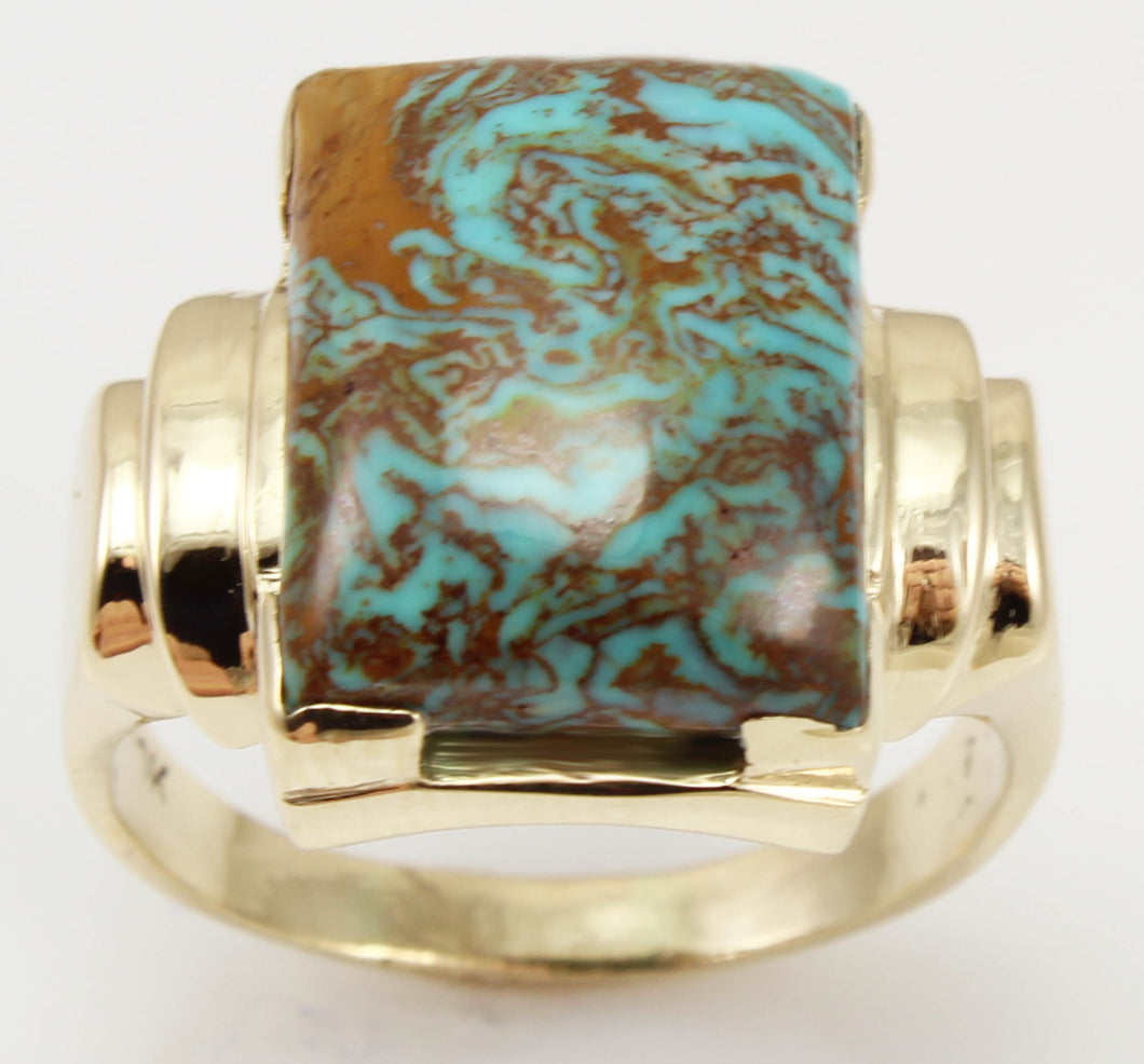 Antique 1920's Art Deco Natural RARE SWIRLING MATRIX Kingman Mine Turquoise 10k Solid Gold Mens Ring