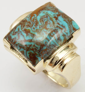 Antique 1920's Art Deco Natural RARE SWIRLING MATRIX Kingman Mine Turquoise 10k Solid Gold Mens Ring