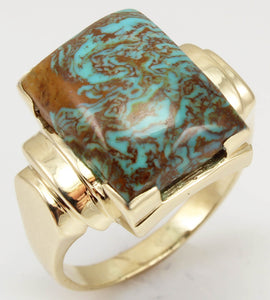 Antique 1920's Art Deco Natural RARE SWIRLING MATRIX Kingman Mine Turquoise 10k Solid Gold Mens Ring