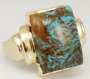 Antique 1920's Art Deco Natural RARE SWIRLING MATRIX Kingman Mine Turquoise 10k Solid Gold Mens Ring