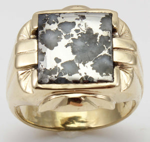 Antique 1920's Art Deco VERY RARE Natural Silver Ore in Quartz 10k Solid Yellow Gold Men's Ring