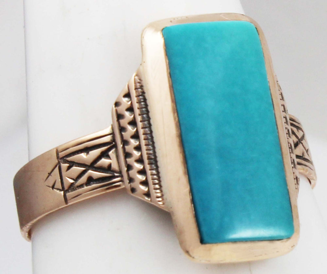 Antique Victorian RARE Natural Persian Turquoise Engraved 14k Solid Rose Gold Ladies Cocktail Ring