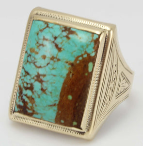 Antique 1920's Art Deco VERY RARE Natural #8 Mine Nevada Turquoise 10k Solid Yellow Gold Men's Ring