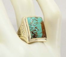 Load image into Gallery viewer, Antique 1920&#39;s Art Deco VERY RARE Natural #8 Mine Nevada Turquoise 10k Solid Yellow Gold Men&#39;s Ring