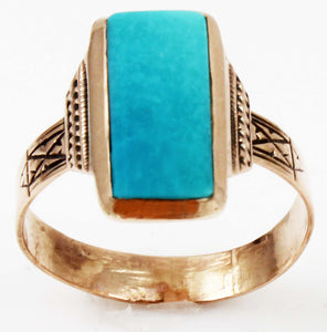 Antique Victorian RARE Natural Persian Turquoise Engraved 14k Solid Rose Gold Ladies Cocktail Ring