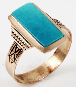 Antique Victorian RARE Natural Persian Turquoise Engraved 14k Solid Rose Gold Ladies Cocktail Ring