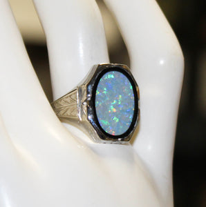 Antique SIGNED BELAIS of NY 1920's Art Deco Natural RAINBOW Opal 10k Solid White Gold Men's Ring