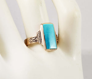 Antique Victorian RARE Natural Persian Turquoise Engraved 14k Solid Rose Gold Ladies Cocktail Ring