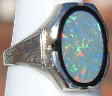 Load image into Gallery viewer, Antique SIGNED BELAIS of NY 1920&#39;s Art Deco Natural RAINBOW Opal 10k Solid White Gold Men&#39;s Ring