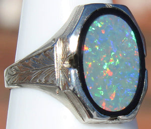 Antique SIGNED BELAIS of NY 1920's Art Deco Natural RAINBOW Opal 10k Solid White Gold Men's Ring