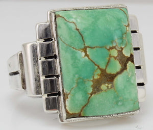 Antique 1920's Art Deco Ostby & Barton LARGE RARE Natural #8 Mine Nevada Turquoise Silver Men's Ring