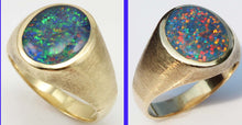 Load image into Gallery viewer, HEAVY Vintage 1940&#39;s BRIGHT TRUE RAINBOW Black Natural Opal 10k Solid Yellow Gold Men&#39;s Ring