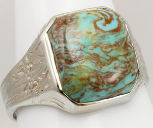 Antique Art Deco Ostby Barton Natural RARE SWIRLING MATRIX Turquoise 10k Solid White Gold Men's Ring