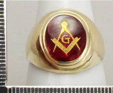 Load image into Gallery viewer, Vintage 1950&#39;s Masonic Hand Etched 6ct Oval Ruby 10k Solid Yellow Gold Men&#39;s Ring