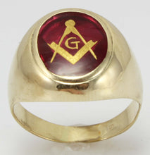 Load image into Gallery viewer, Vintage 1950&#39;s Masonic Hand Etched 6ct Oval Ruby 10k Solid Yellow Gold Men&#39;s Ring