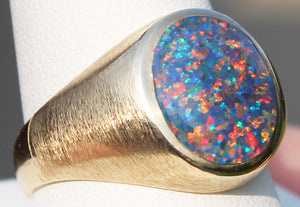 HEAVY Vintage 1940's BRIGHT TRUE RAINBOW Black Natural Opal 10k Solid Yellow Gold Men's Ring