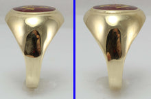 Load image into Gallery viewer, Vintage 1950&#39;s Masonic Hand Etched 6ct Oval Ruby 10k Solid Yellow Gold Men&#39;s Ring