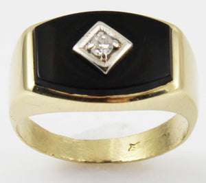 Vintage 1940's Natural & Genuine Antique Cut Diamond & Onyx 10k Solid Yellow & White Gold Men's Ring