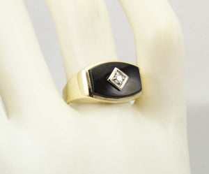 Vintage 1940's Natural & Genuine Antique Cut Diamond & Onyx 10k Solid Yellow & White Gold Men's Ring