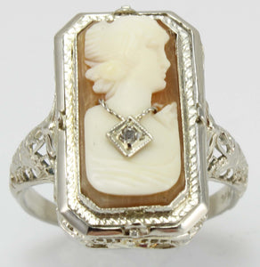 Antique 1920's Art Deco Habille Diamond Cameo Persian Turquoise 14k White Gold Cocktail Flip Ring